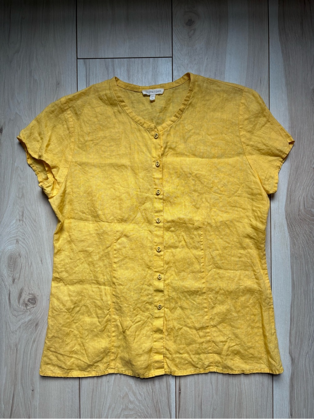 Eileen Fisher 100% Irish Linen Yellow Blouse Size Small Button Front - Picture 2 of 6